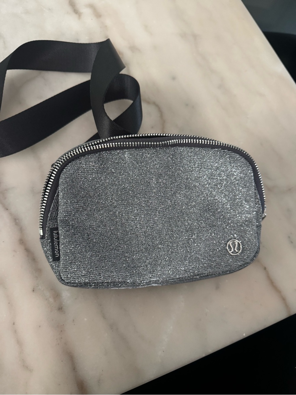 lululemon athletica Silver Glitter Crossbody Pouch with Black Strap
